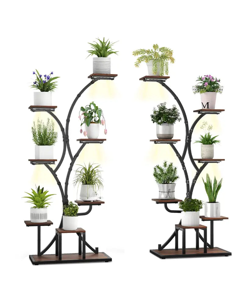 Indoor Plant Stand with Grow Lights 58’’ Tall 8-Tier Corner Metal Plant Shelf-Set of 2 - Brown - Plant Stands