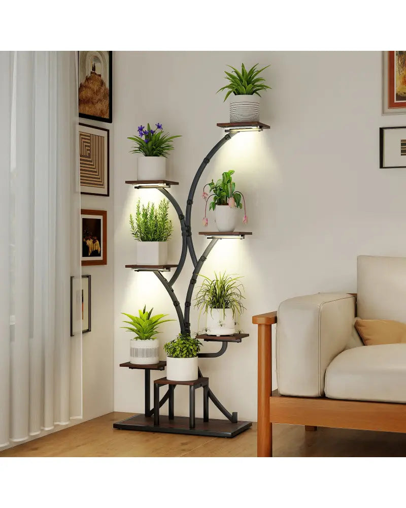 Indoor Plant Stand with Grow Lights 58’’ Tall 8-Tier Corner Metal Plant Shelf-Set of 2 - Brown - Plant Stands
