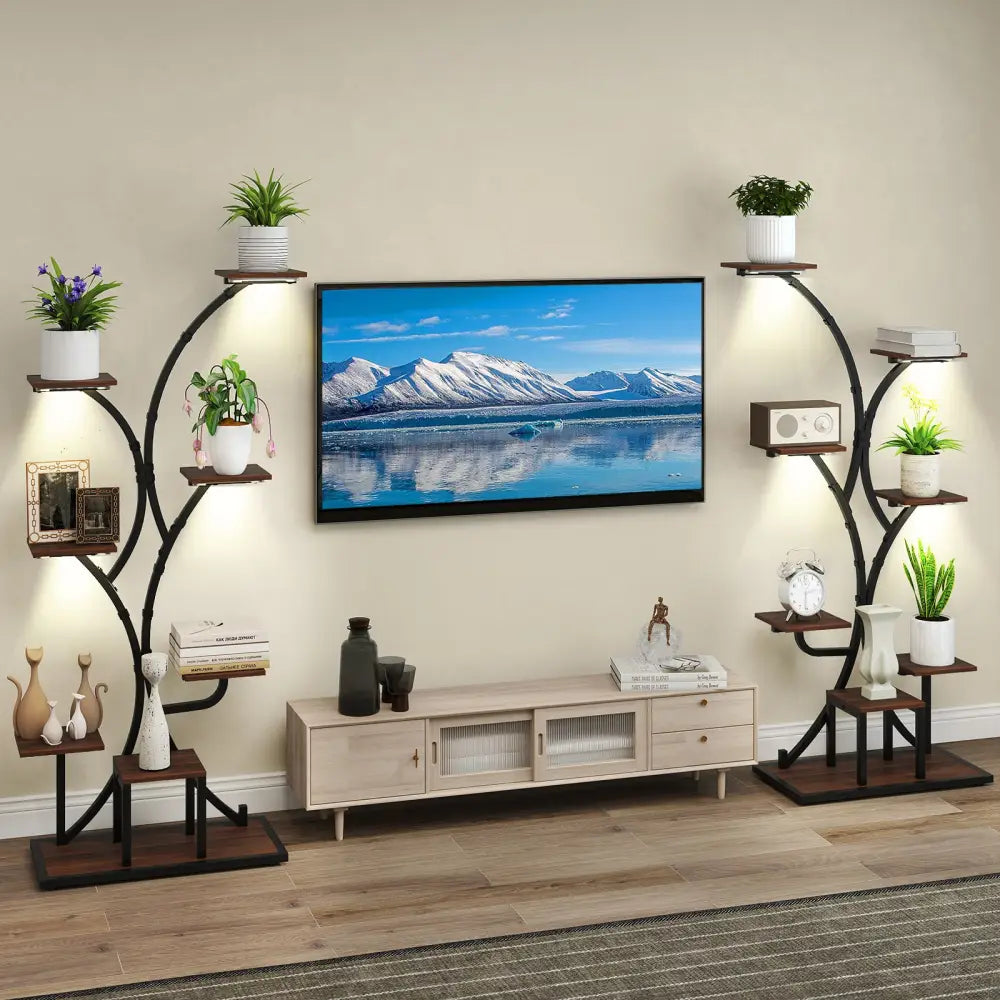 Indoor Plant Stand with Grow Lights 58’’ Tall 8-Tier Corner Metal Plant Shelf-Set of 2 - Brown - Plant Stands