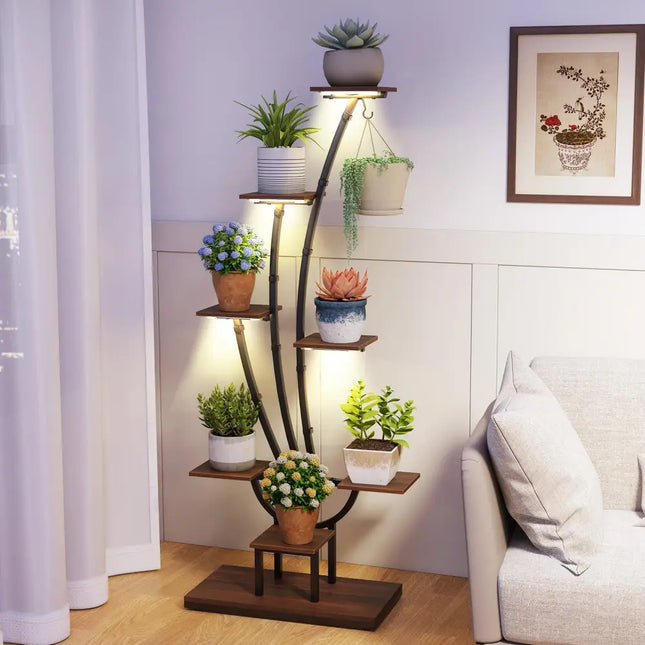 Indoor Plant Stand with Grow Lights Tall 8-Tier Corner Metal Plant Shelf-1 Piece - Brown - Plant Stands