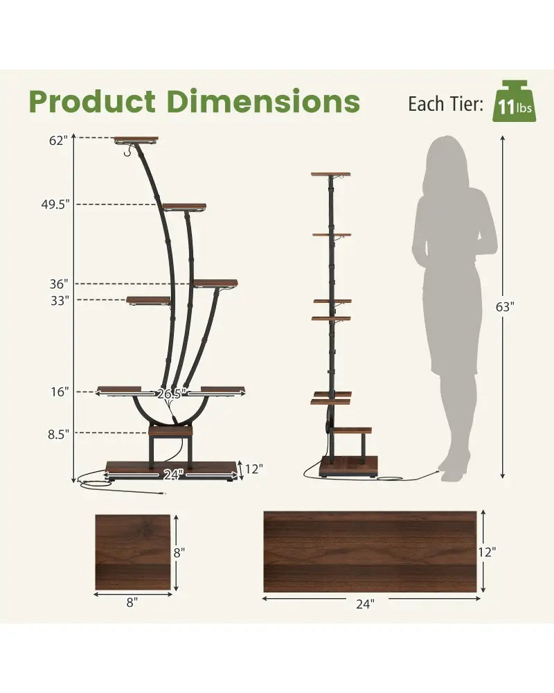 Indoor Plant Stand with Grow Lights Tall 8-Tier Corner Metal Plant Shelf-1 Piece - Brown - Plant Stands