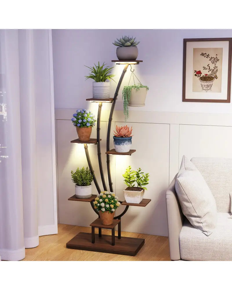 Indoor Plant Stand with Grow Lights Tall 8-Tier Corner Metal Plant Shelf-1 Piece - Brown - Plant Stands