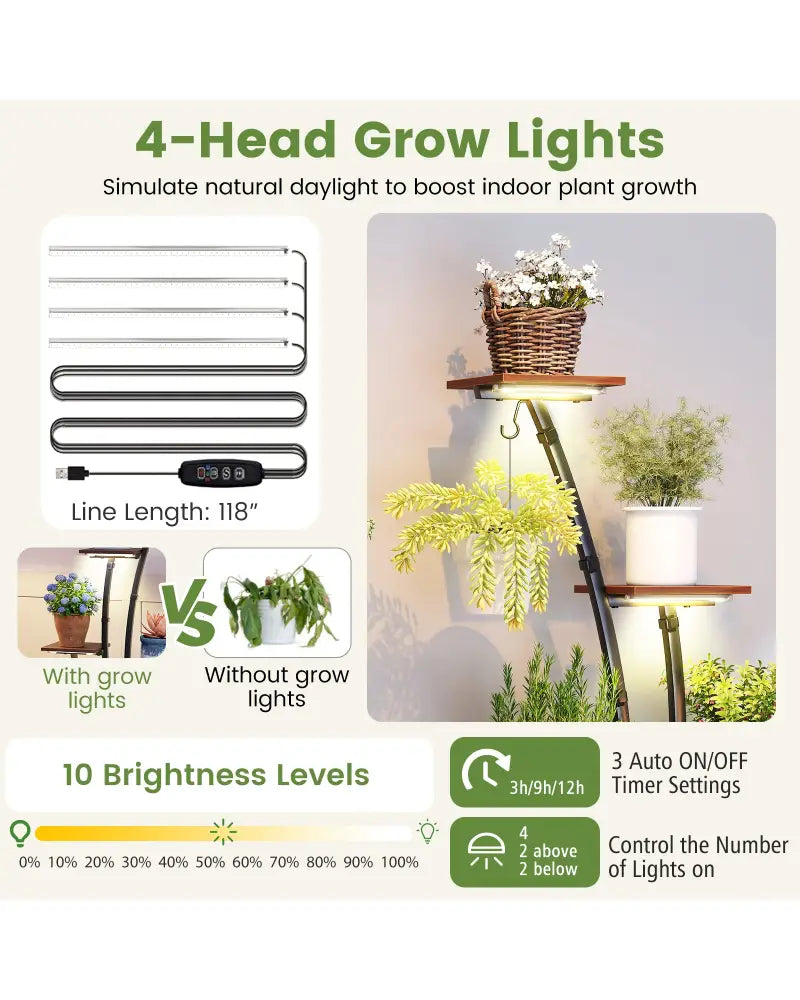 Indoor Plant Stand with Grow Lights Tall 8-Tier Corner Metal Plant Shelf-1 Piece - Brown - Plant Stands