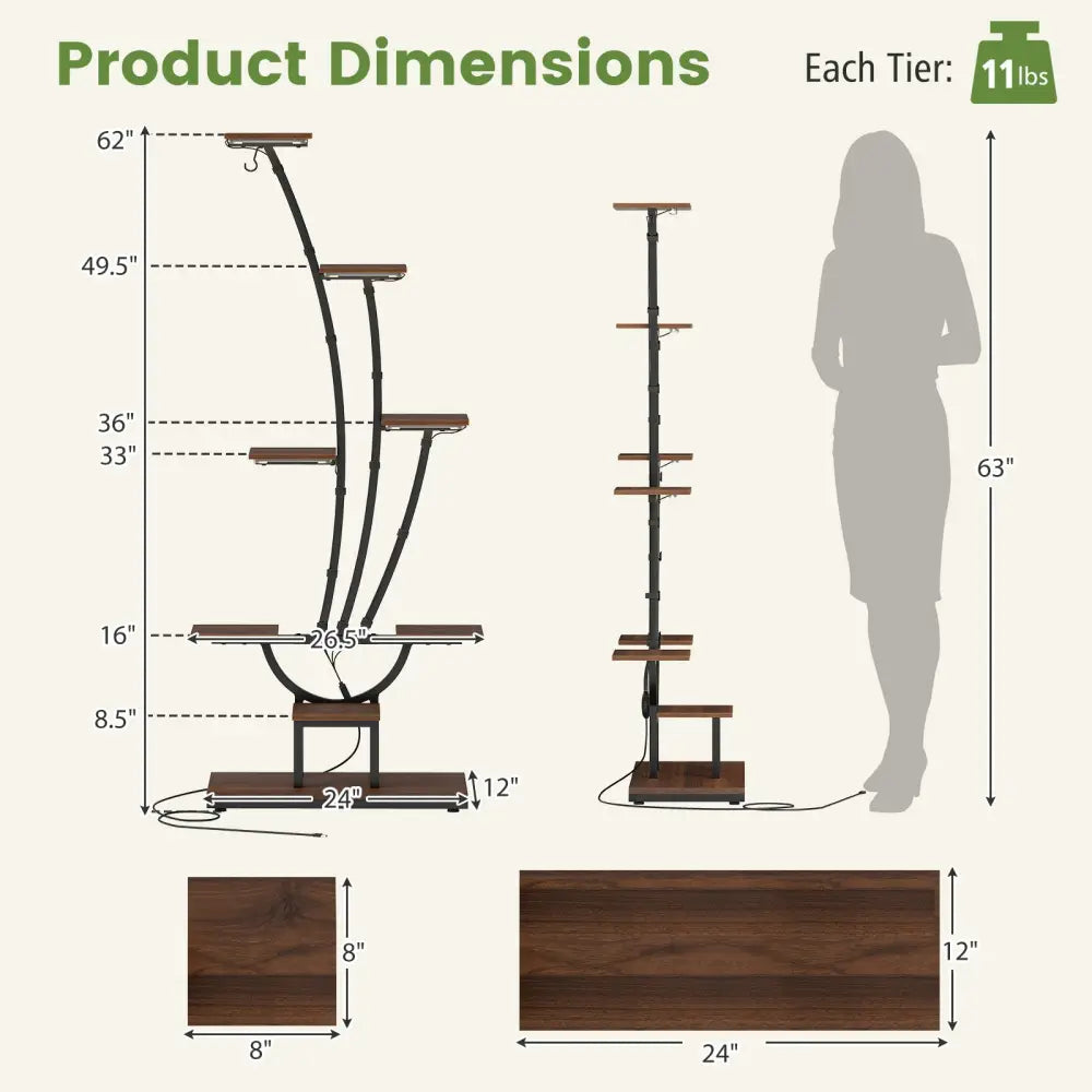Indoor Plant Stand with Grow Lights Tall 8-Tier Corner Metal Plant Shelf-Set of 2 - Brown - Plant Stands
