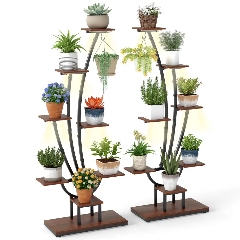 Indoor Plant Stand with Grow Lights Tall 8-Tier Corner Metal Plant Shelf-Set of 2 - Brown - Plant Stands