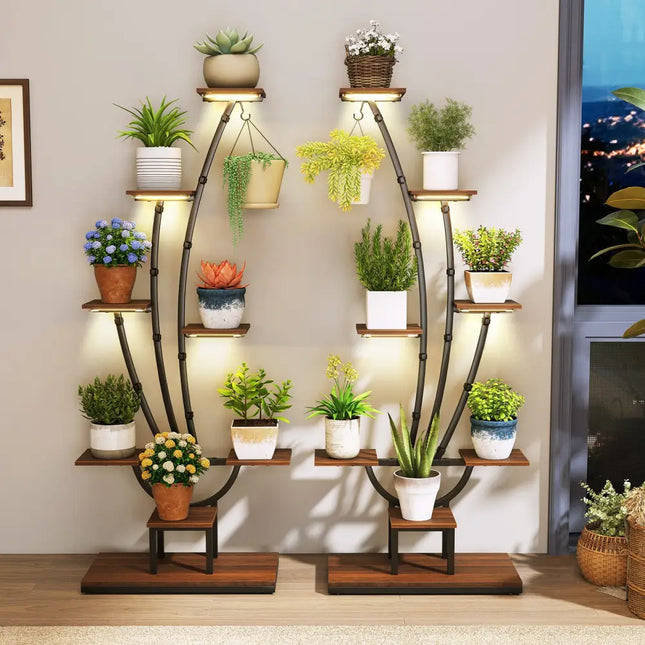 Indoor Plant Stand with Grow Lights Tall 8-Tier Corner Metal Plant Shelf-Set of 2 - Brown - Plant Stands