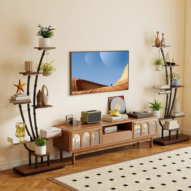 Indoor Plant Stand with Grow Lights Tall 8-Tier Corner Metal Plant Shelf-Set of 2 - Brown - Plant Stands
