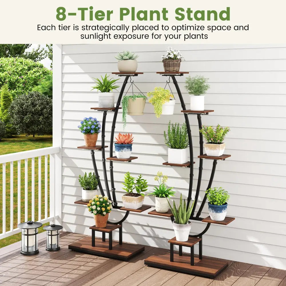 Indoor Plant Stand with Grow Lights Tall 8-Tier Corner Metal Plant Shelf-Set of 2 - Brown - Plant Stands