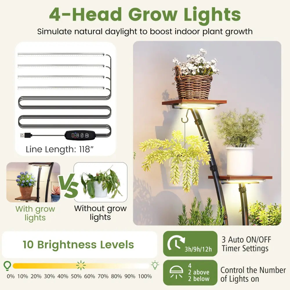 Indoor Plant Stand with Grow Lights Tall 8-Tier Corner Metal Plant Shelf-Set of 2 - Brown - Plant Stands