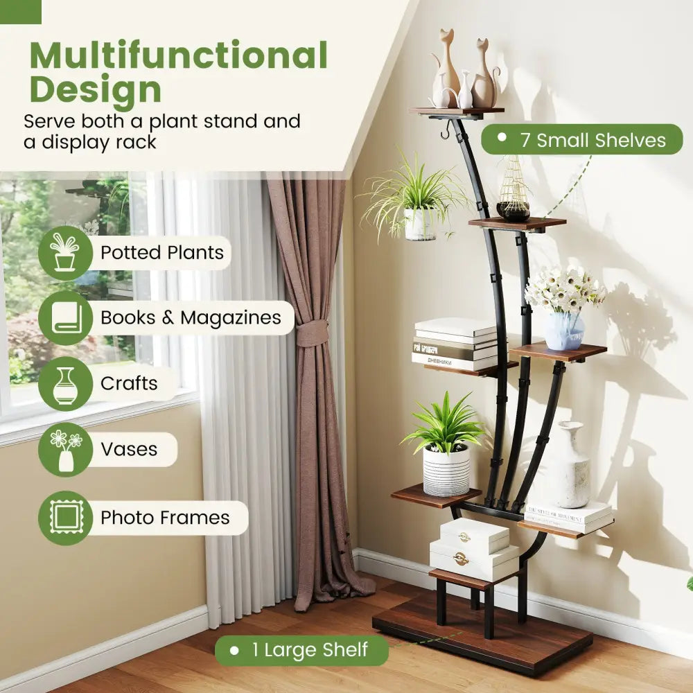 Indoor Plant Stand with Grow Lights Tall 8-Tier Corner Metal Plant Shelf-Set of 2 - Brown - Plant Stands