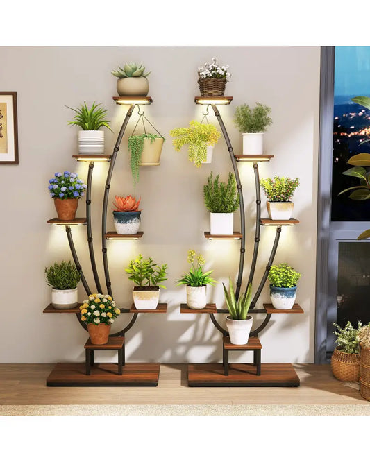 Indoor Plant Stand with Grow Lights Tall 8-Tier Corner Metal Plant Shelf-Set of 2 - Brown - Plant Stands