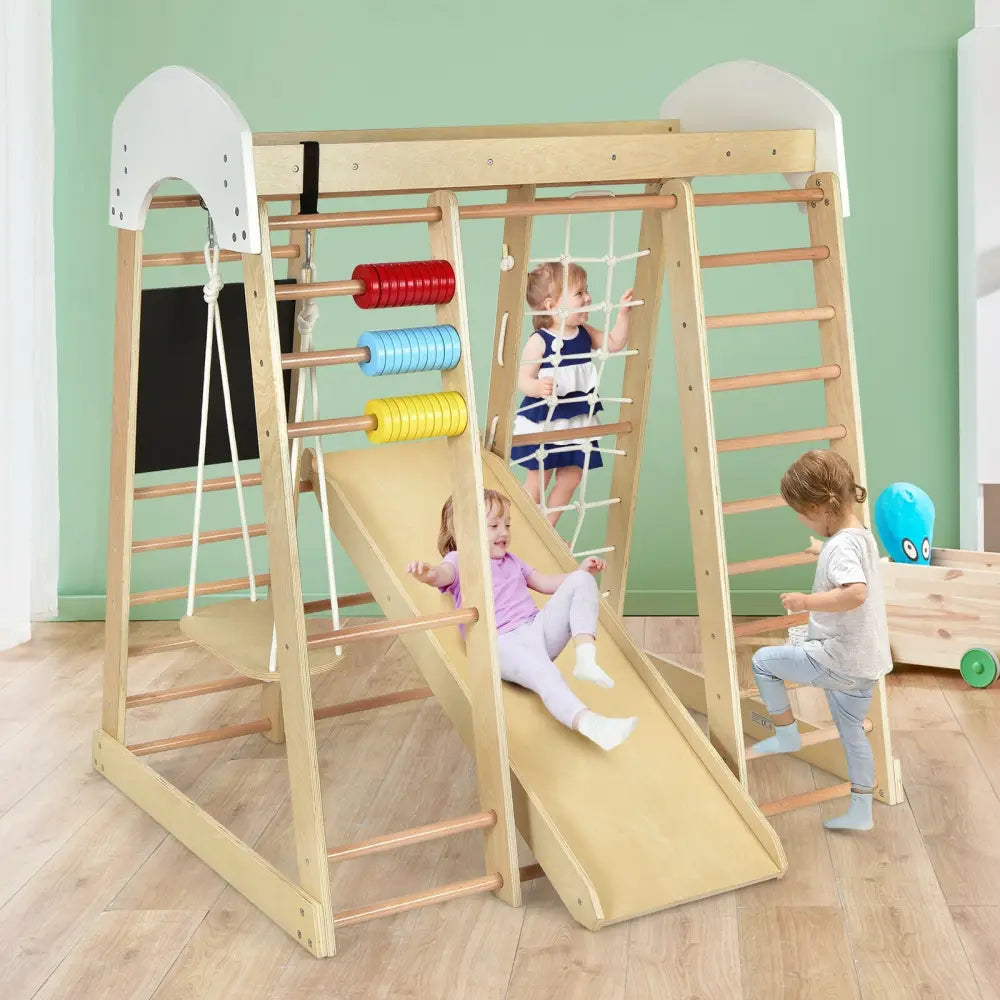 Indoor Playground Climbing Gym Wooden 8-in-1 Climber Playset for Children-Natural - Natural - Climbers & Slides