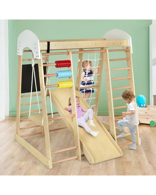 Indoor Playground Climbing Gym Wooden 8-in-1 Climber Playset for Children-Natural - Natural - Climbers & Slides