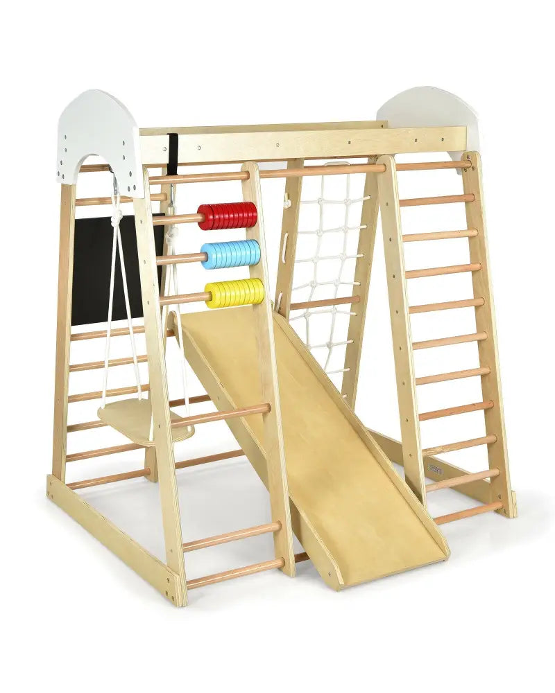 Indoor Playground Climbing Gym Wooden 8-in-1 Climber Playset for Children-Natural - Natural - Climbers & Slides