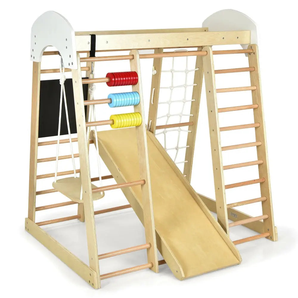 Indoor Playground Climbing Gym Wooden 8-in-1 Climber Playset for Children-Natural - Natural - Climbers & Slides