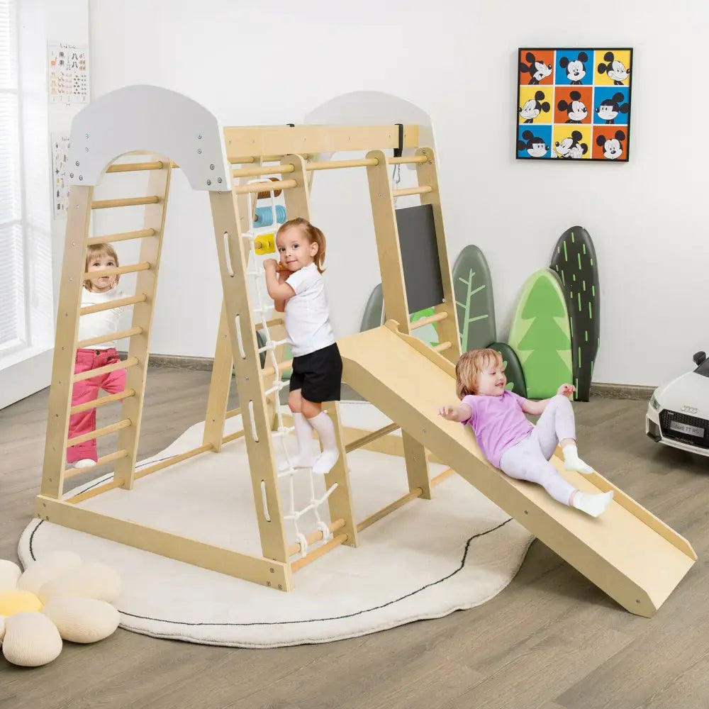 Indoor Playground Climbing Gym Wooden 8-in-1 Climber Playset for Children-Natural - Natural - Climbers & Slides