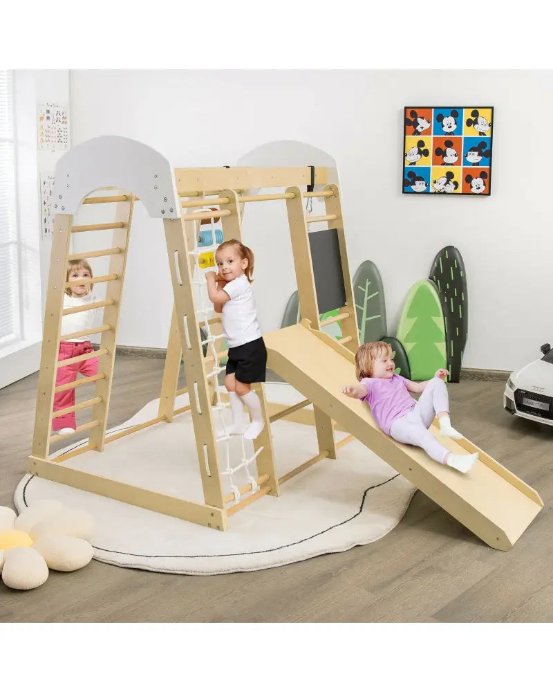 Indoor Playground Climbing Gym Wooden 8-in-1 Climber Playset for Children-Natural - Natural - Climbers & Slides