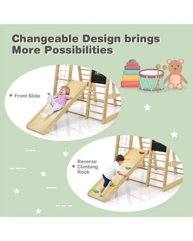 Indoor Playground Climbing Gym Wooden 8-in-1 Climber Playset for Children-Natural - Natural - Climbers & Slides