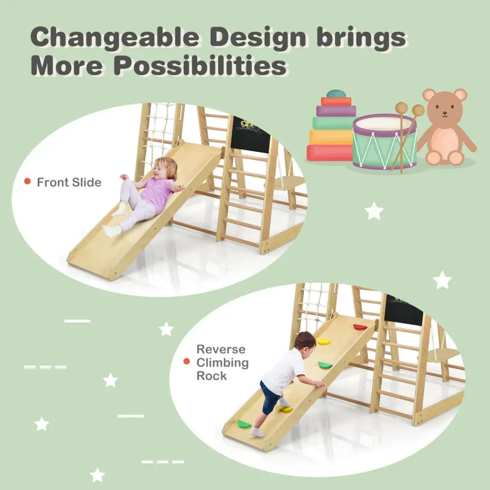 Indoor Playground Climbing Gym Wooden 8-in-1 Climber Playset for Children-Natural - Natural - Climbers & Slides
