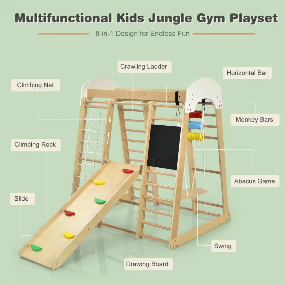 Indoor Playground Climbing Gym Wooden 8-in-1 Climber Playset for Children-Natural - Natural - Climbers & Slides