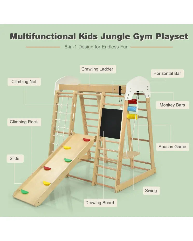Indoor Playground Climbing Gym Wooden 8-in-1 Climber Playset for Children-Natural - Natural - Climbers & Slides