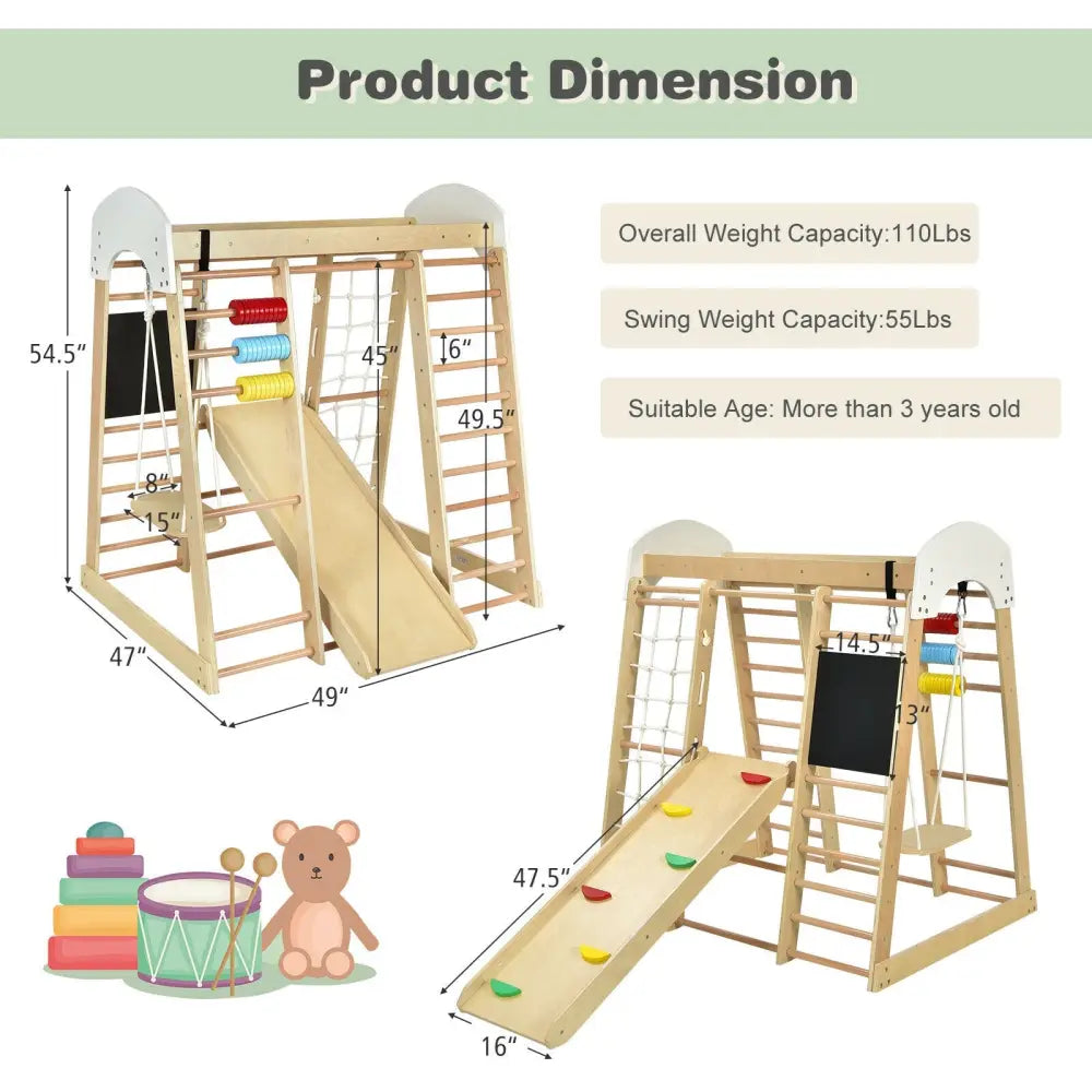 Indoor Playground Climbing Gym Wooden 8-in-1 Climber Playset for Children-Natural - Natural - Climbers & Slides