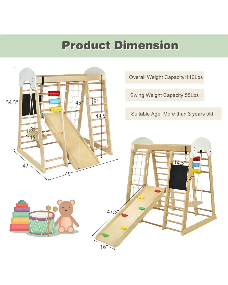 Indoor Playground Climbing Gym Wooden 8-in-1 Climber Playset for Children-Natural - Natural - Climbers & Slides