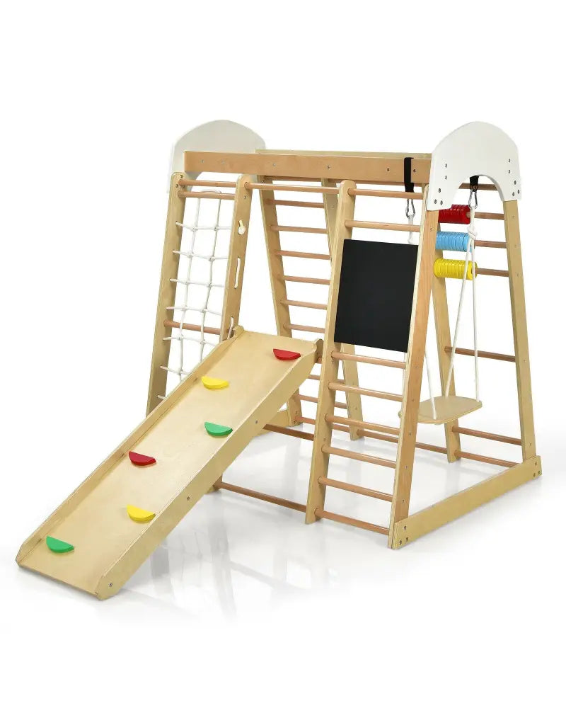 Indoor Playground Climbing Gym Wooden 8-in-1 Climber Playset for Children-Natural - Natural - Climbers & Slides