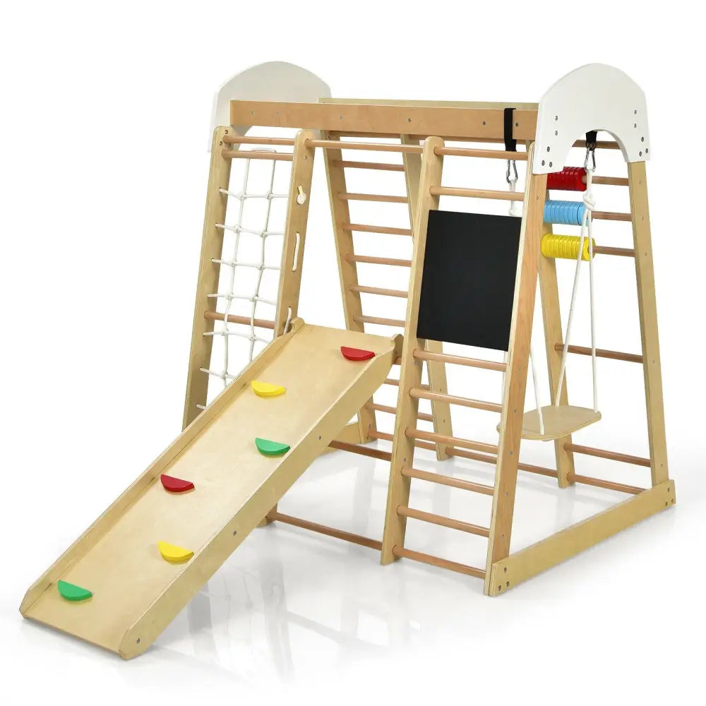 Indoor Playground Climbing Gym Wooden 8-in-1 Climber Playset for Children-Natural - Natural - Climbers & Slides
