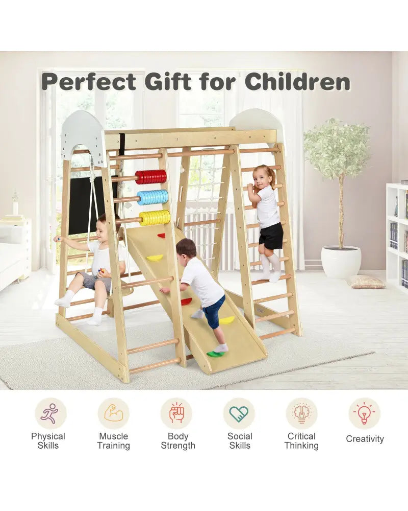 Indoor Playground Climbing Gym Wooden 8-in-1 Climber Playset for Children-Natural - Natural - Climbers & Slides