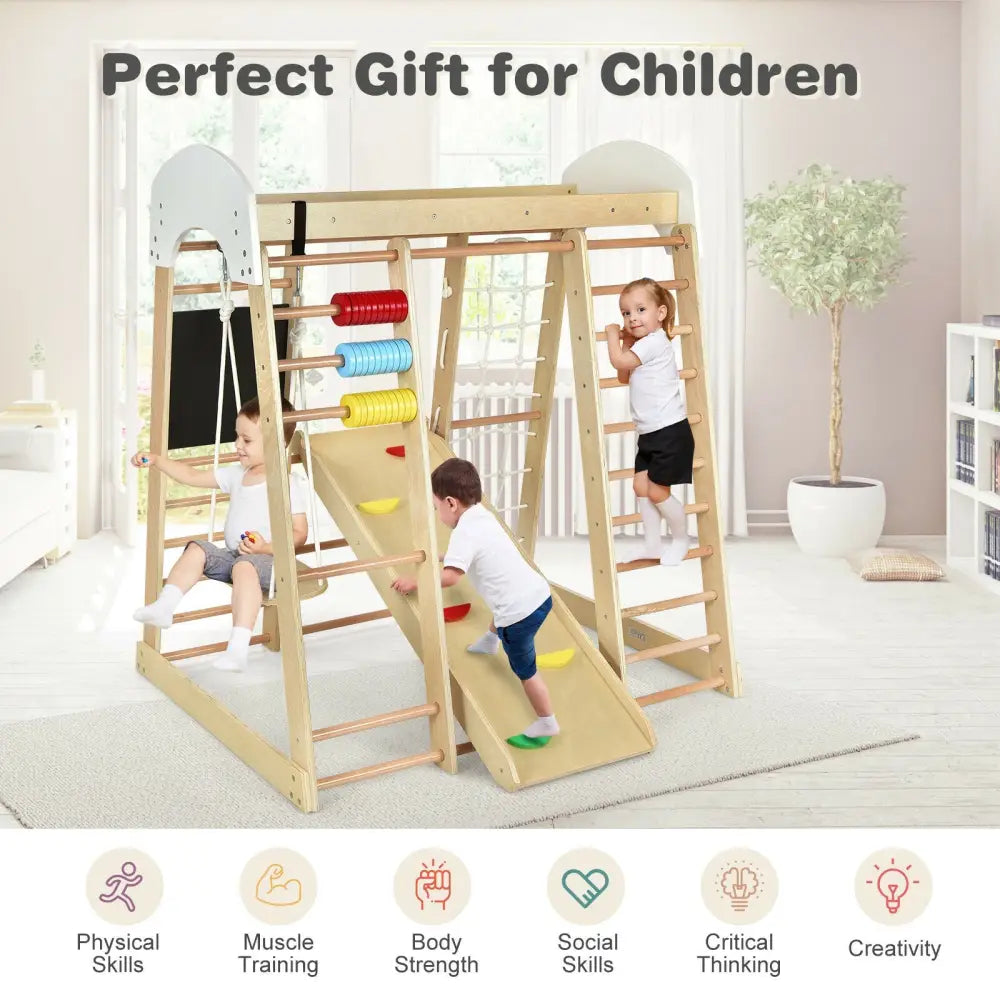 Indoor Playground Climbing Gym Wooden 8-in-1 Climber Playset for Children-Natural - Natural - Climbers & Slides