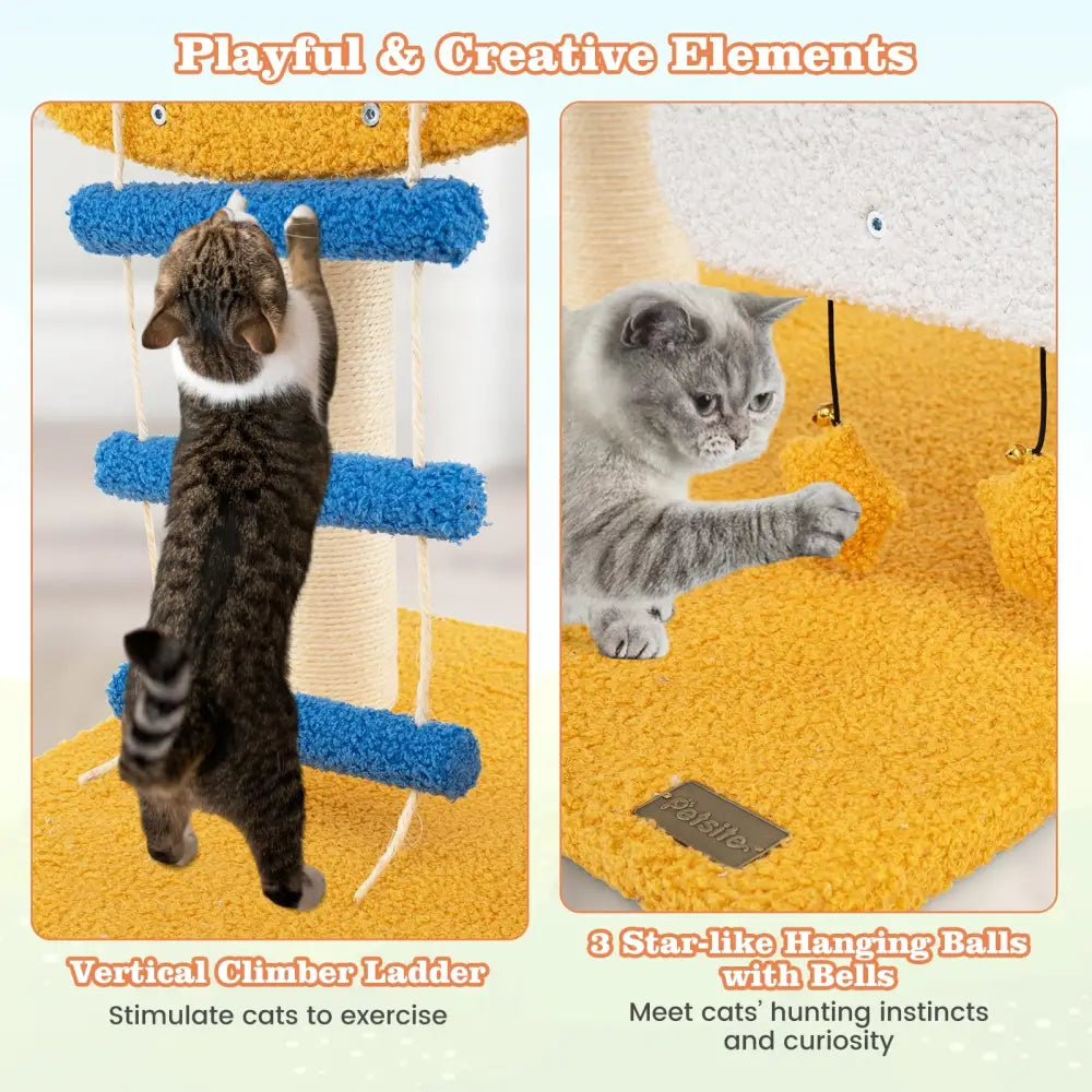 Indoor Small Aviation-themed Cat Tree Cat Tower with Helicopter Top Perch-Yellow - Yellow - Cat Trees Condos &