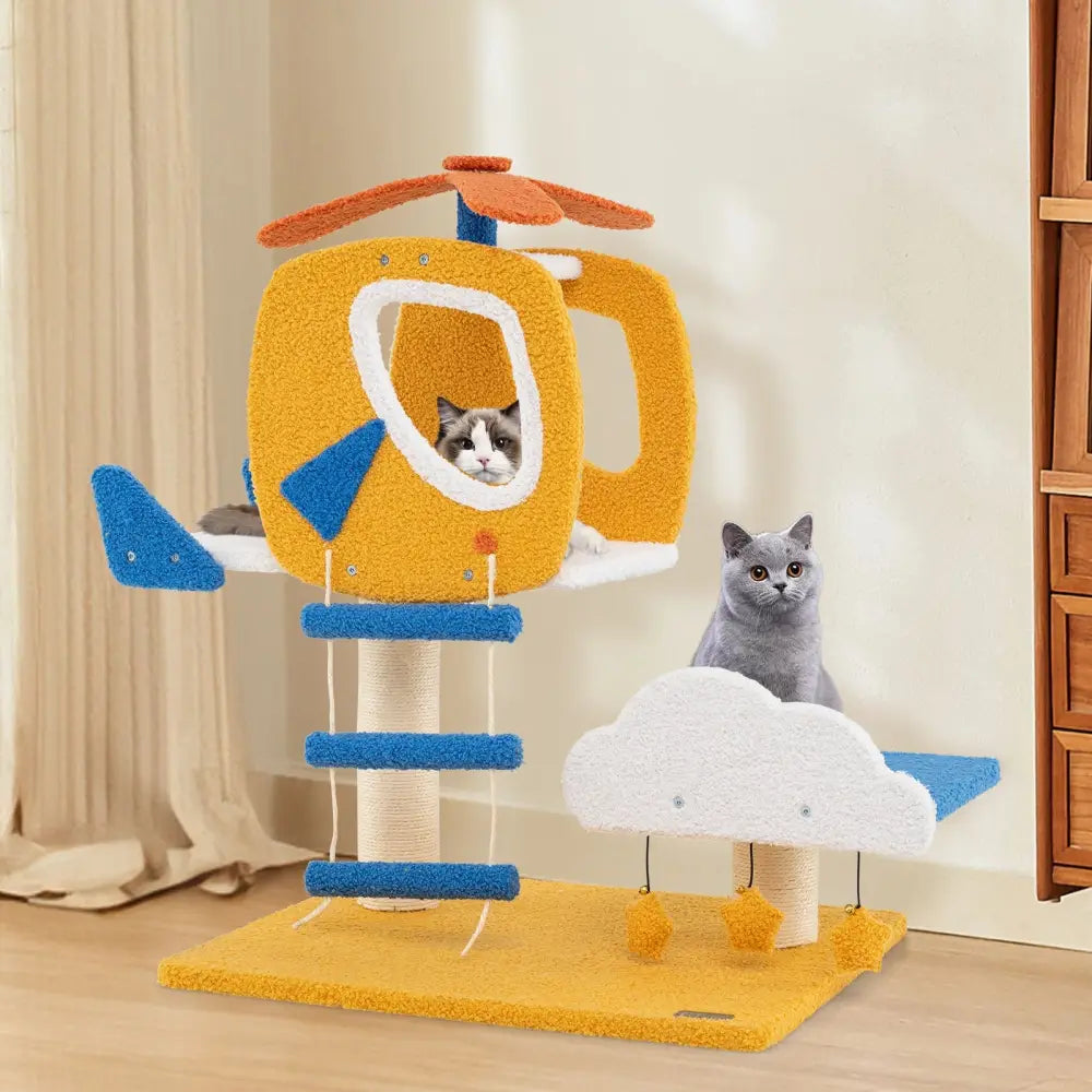 Indoor Small Aviation-themed Cat Tree Cat Tower with Helicopter Top Perch-Yellow - Yellow - Cat Trees Condos &