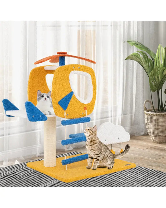Indoor Small Aviation-themed Cat Tree Cat Tower with Helicopter Top Perch-Yellow - Yellow - Cat Trees Condos &