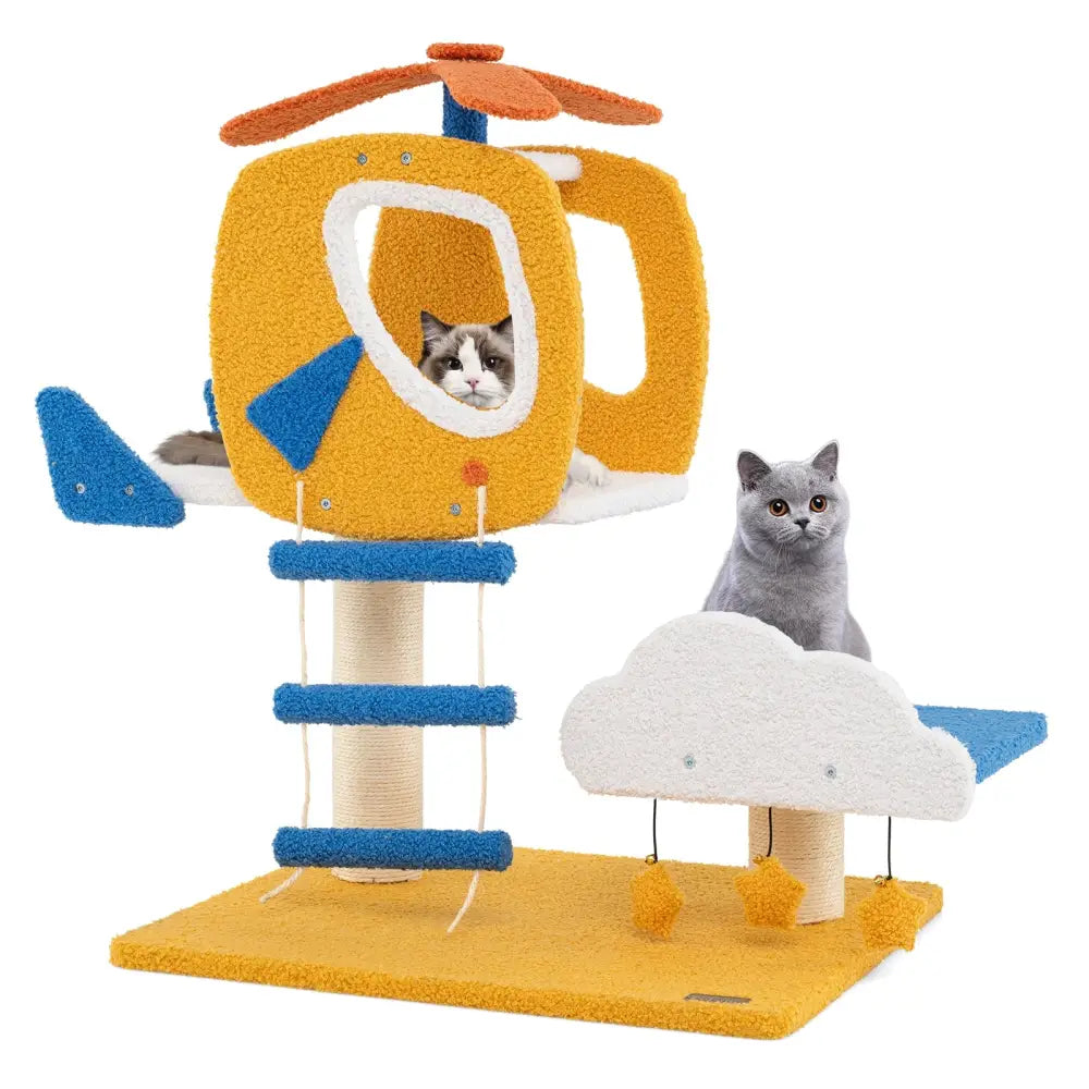 Indoor Small Aviation-themed Cat Tree Cat Tower with Helicopter Top Perch-Yellow - Yellow - Cat Trees Condos &