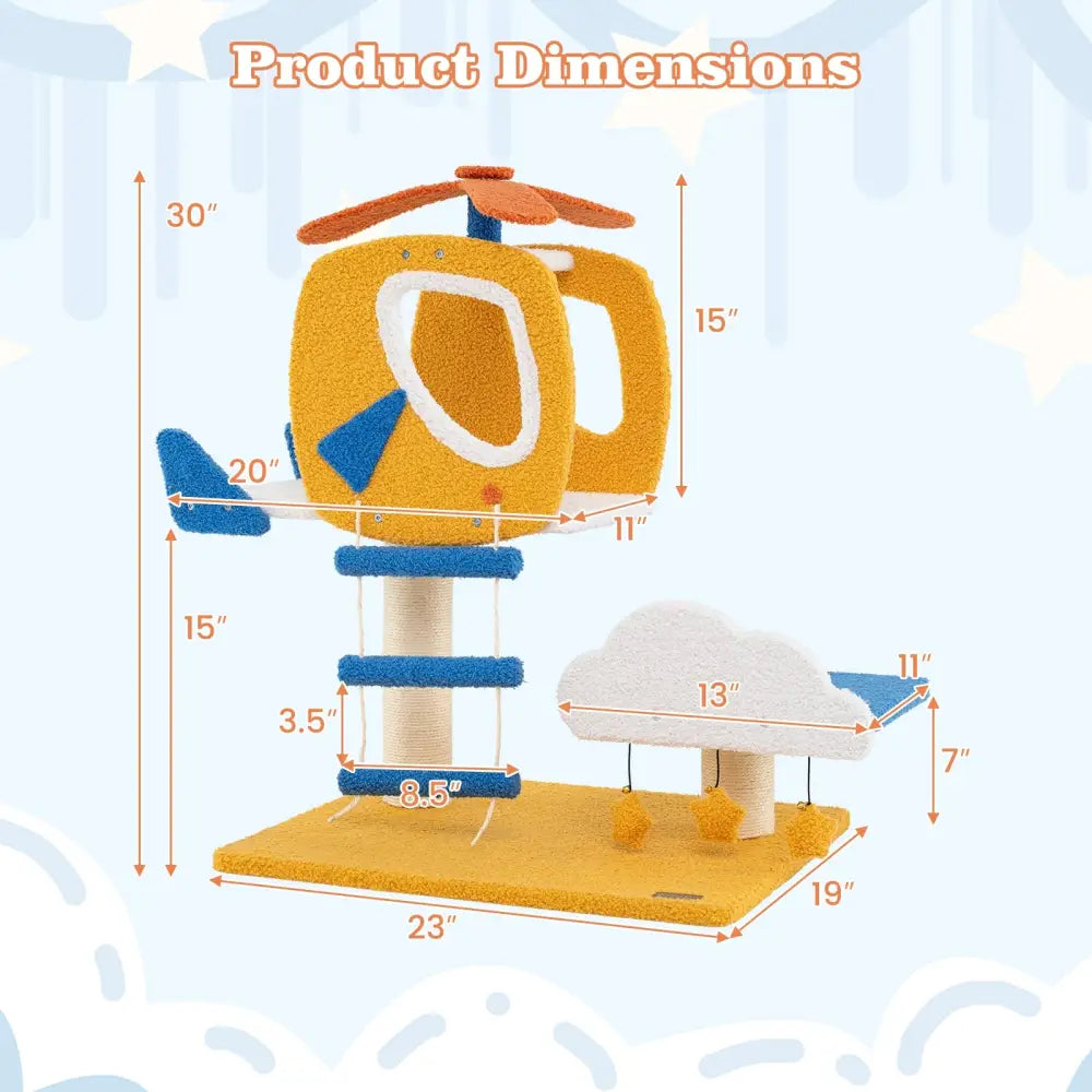 Indoor Small Aviation-themed Cat Tree Cat Tower with Helicopter Top Perch-Yellow - Yellow - Cat Trees Condos &