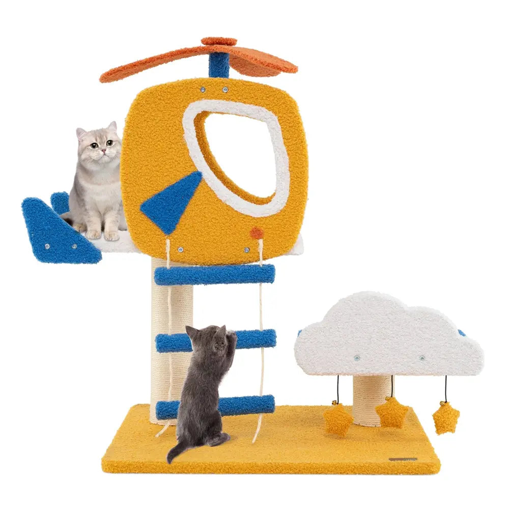 Indoor Small Aviation-themed Cat Tree Cat Tower with Helicopter Top Perch-Yellow - Yellow - Cat Trees Condos &