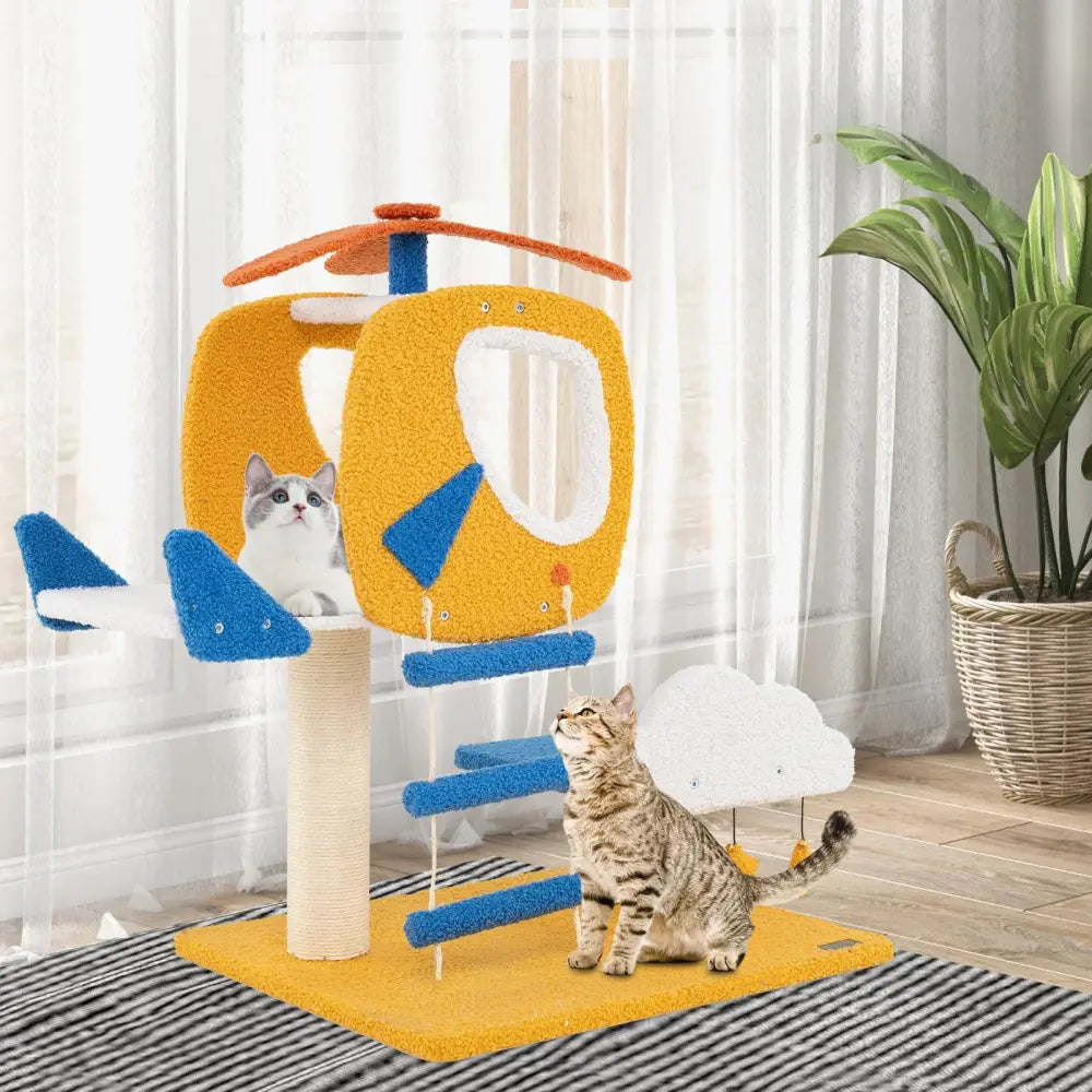 Indoor Small Aviation-themed Cat Tree Cat Tower with Helicopter Top Perch-Yellow - Yellow - Cat Trees Condos &