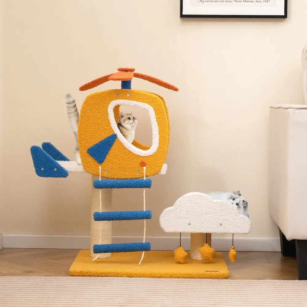 Indoor Small Aviation-themed Cat Tree Cat Tower with Helicopter Top Perch-Yellow - Yellow - Cat Trees Condos &