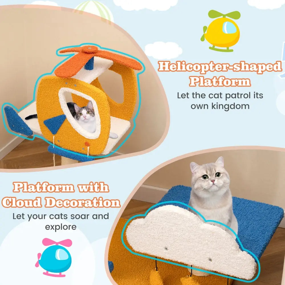 Indoor Small Aviation-themed Cat Tree Cat Tower with Helicopter Top Perch-Yellow - Yellow - Cat Trees Condos &
