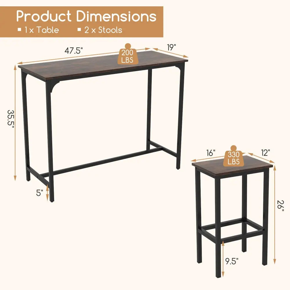 Industrial 3-Piece 47.5’’ Counter-Height Dining Table and 2 Bar Stools-Coffee - Coffee - Dining Room Sets