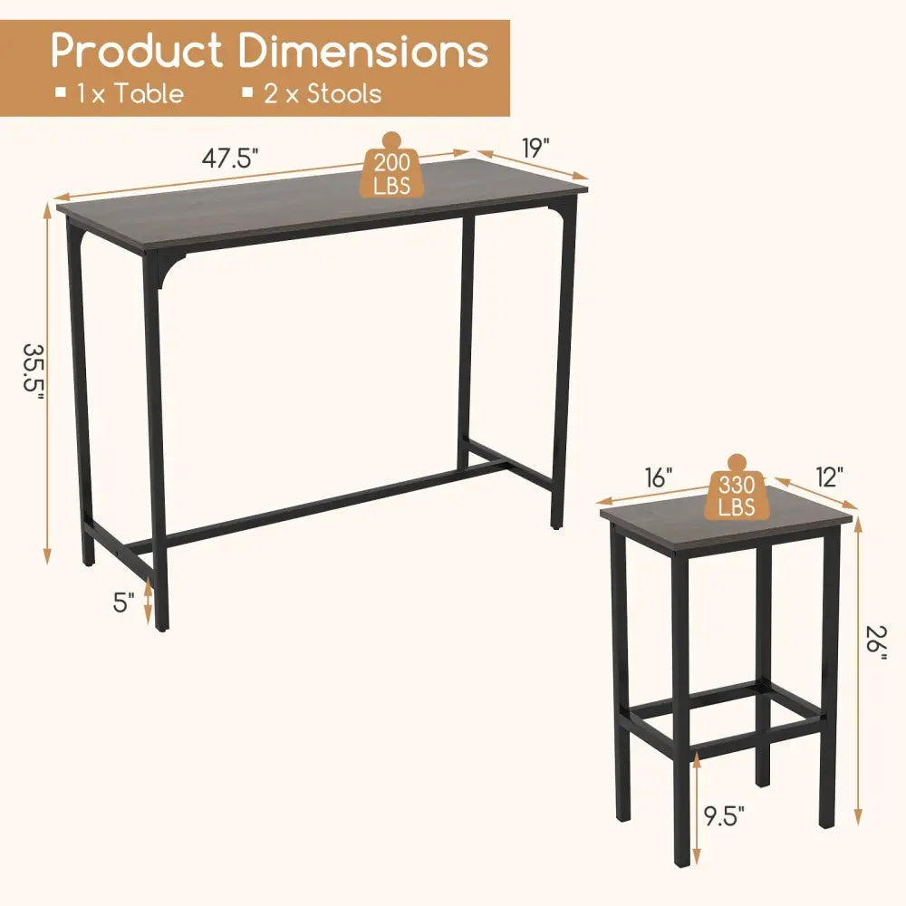 Industrial 3-Piece 47.5’’ Counter-Height Dining Table and 2 Bar Stools-Gray - Gray - Dining Room Sets