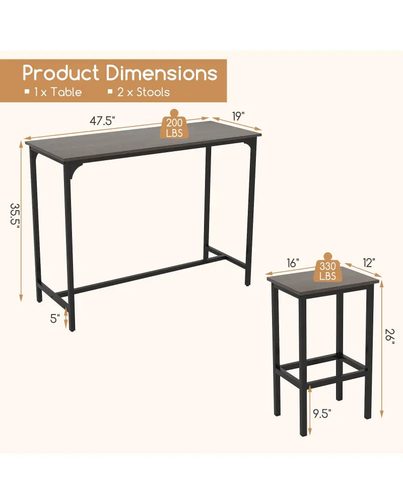 Industrial 3-Piece 47.5’’ Counter-Height Dining Table and 2 Bar Stools-Gray - Gray - Dining Room Sets