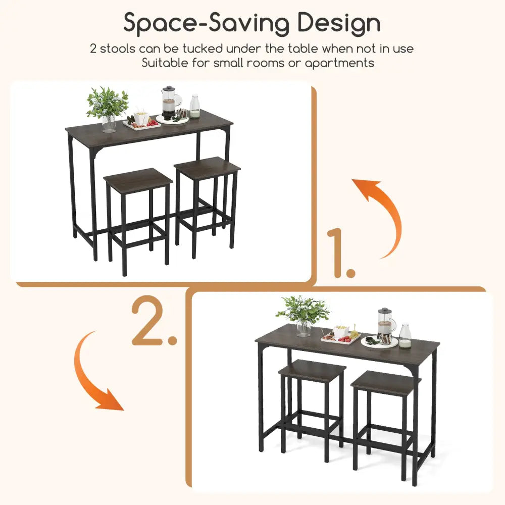 Industrial 3-Piece 47.5’’ Counter-Height Dining Table and 2 Bar Stools-Gray - Gray - Dining Room Sets