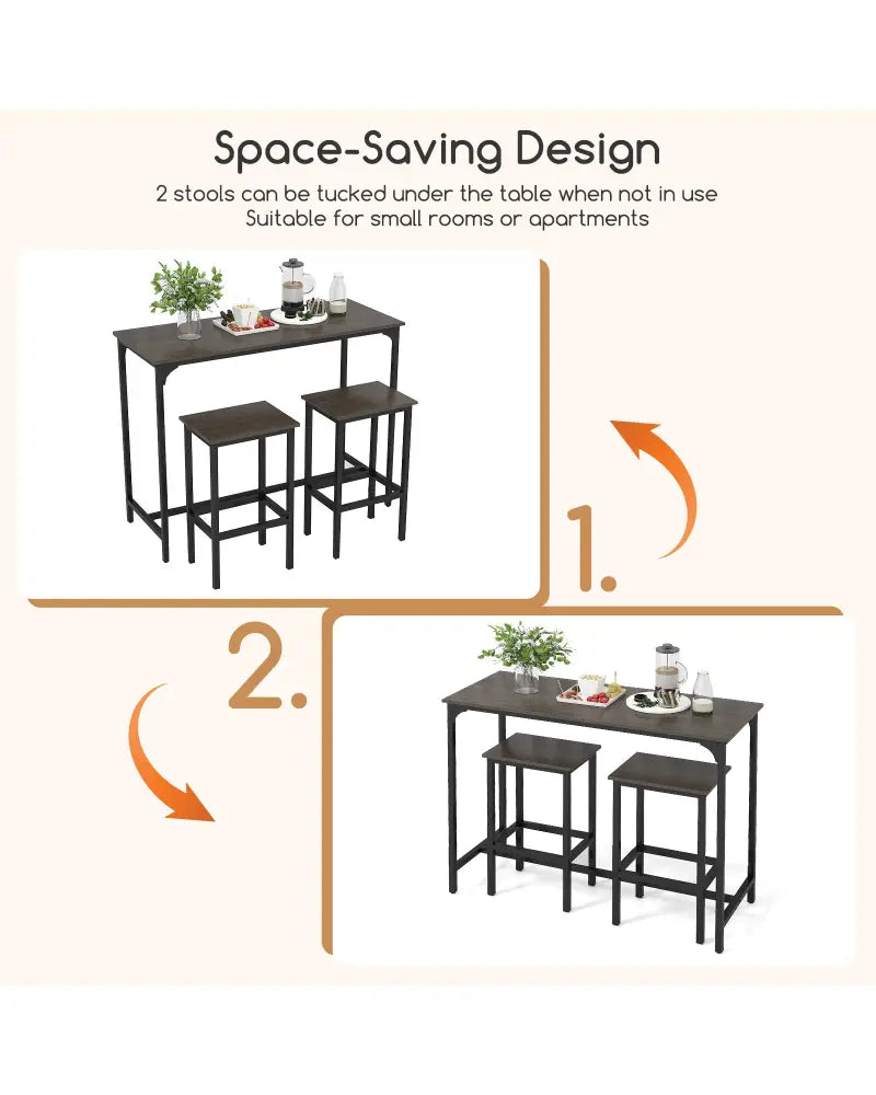 Industrial 3-Piece 47.5’’ Counter-Height Dining Table and 2 Bar Stools-Gray - Gray - Dining Room Sets