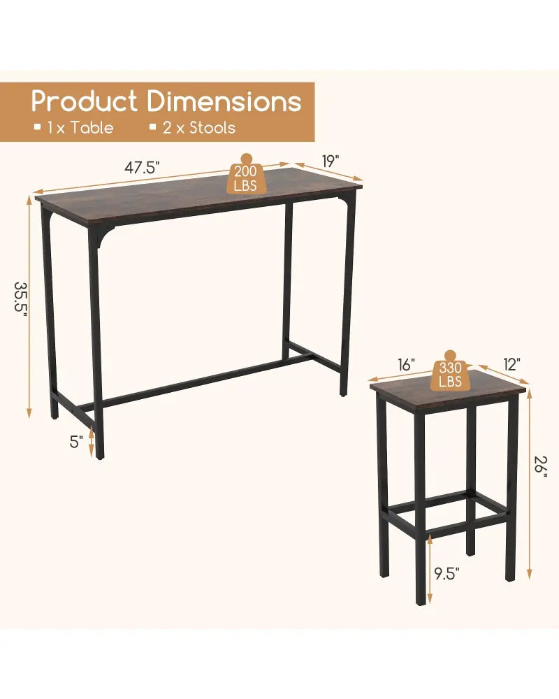 Industrial 3-Piece 47.5’’ Counter-Height Dining Table and 2 Bar Stools-Coffee - Coffee - Dining Room Sets
