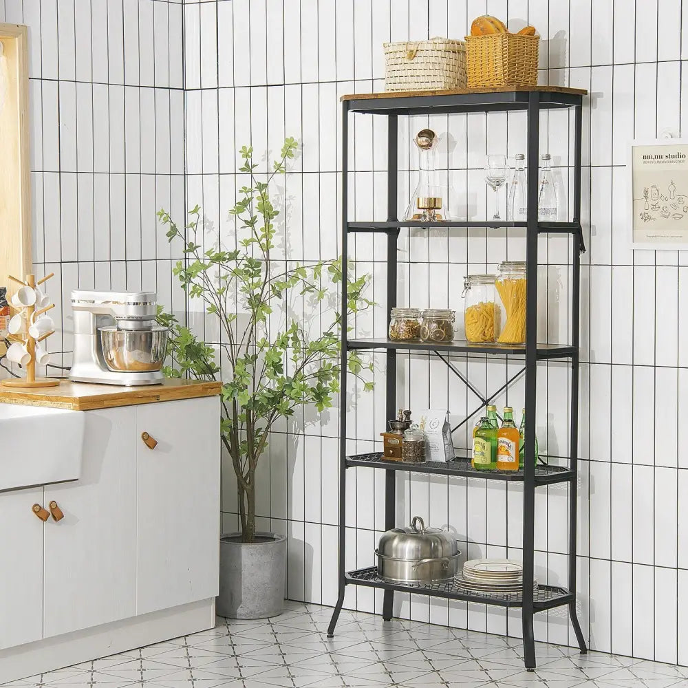 Industrial 5-Layer Bookshelf with Out-Stretched Legs-Rustic Brown - Rustic Brown - Bookcases