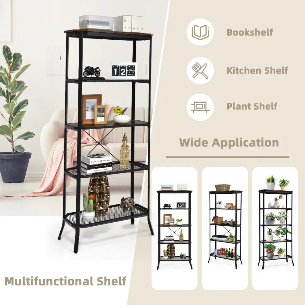 Industrial 5-Layer Bookshelf with Out-Stretched Legs-Rustic Brown - Rustic Brown - Bookcases
