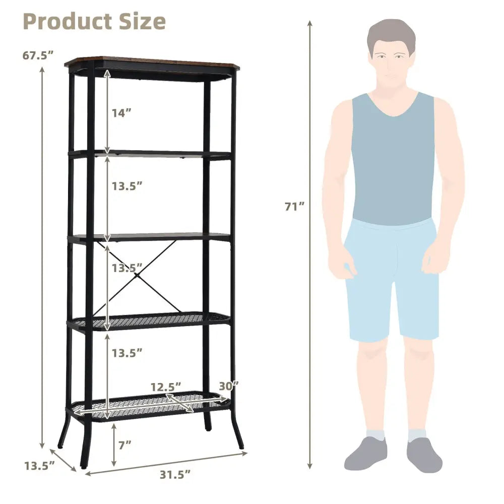 Industrial 5-Layer Bookshelf with Out-Stretched Legs-Rustic Brown - Rustic Brown - Bookcases