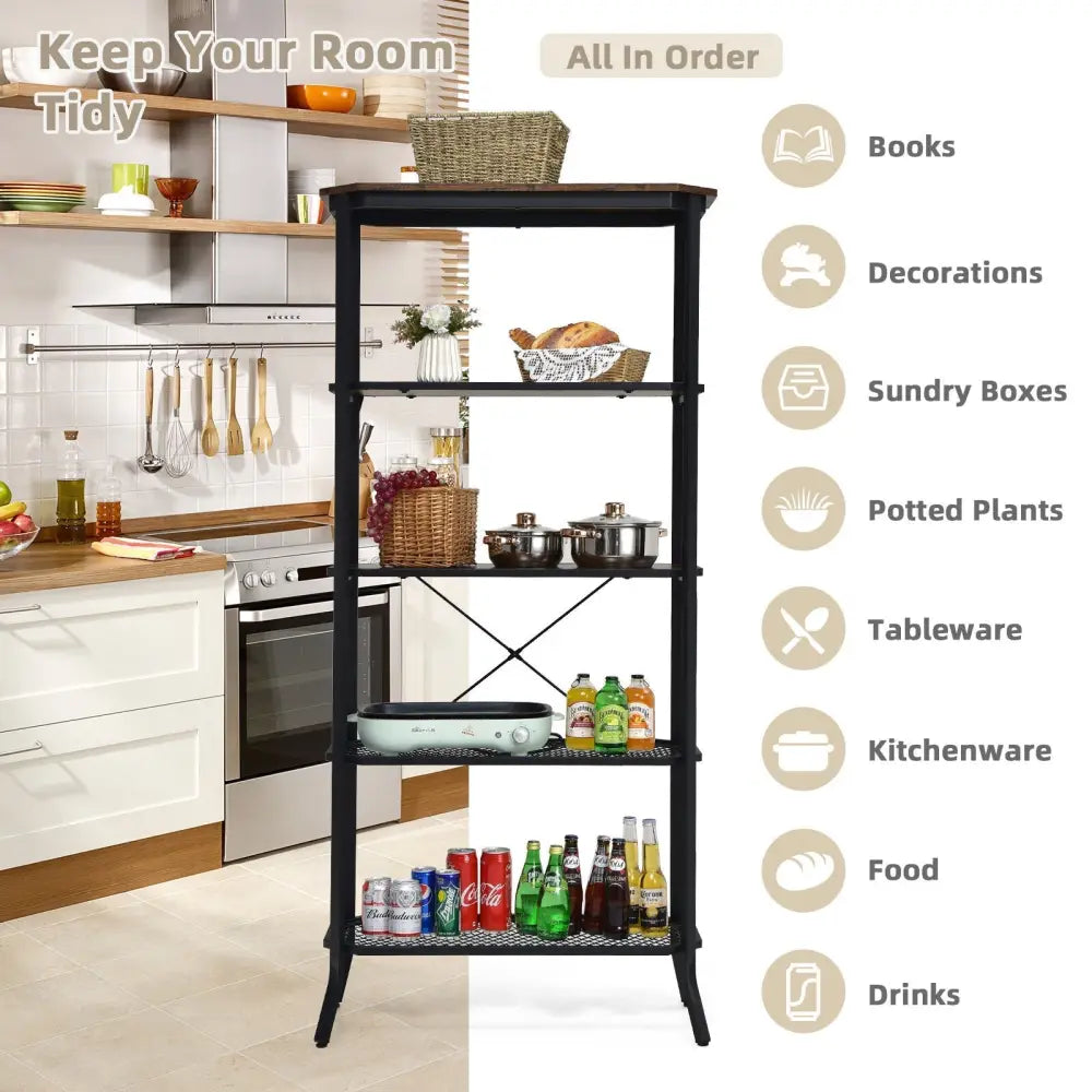Industrial 5-Layer Bookshelf with Out-Stretched Legs-Rustic Brown - Rustic Brown - Bookcases